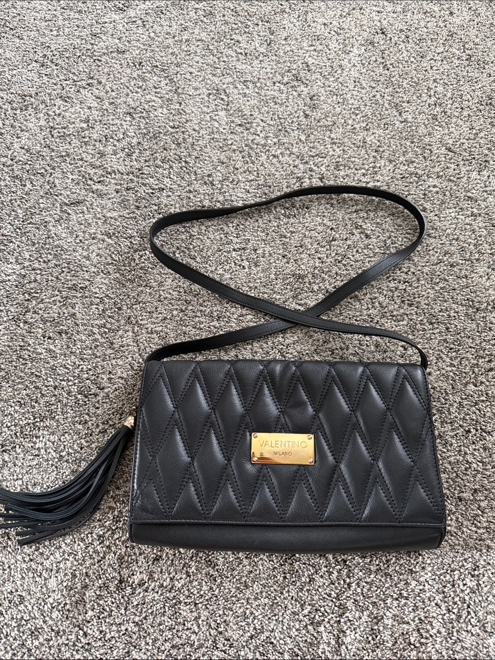 Valentino By Mario Valentino Black Quilted Crossbody with Gold Plate and Tassel